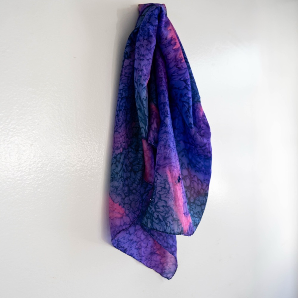 Vintage Silk Square Scarf Purple Blue Watercolor Print 34x34